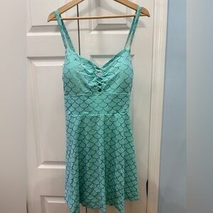 Teal mermaid print one swim suit crisscross in back